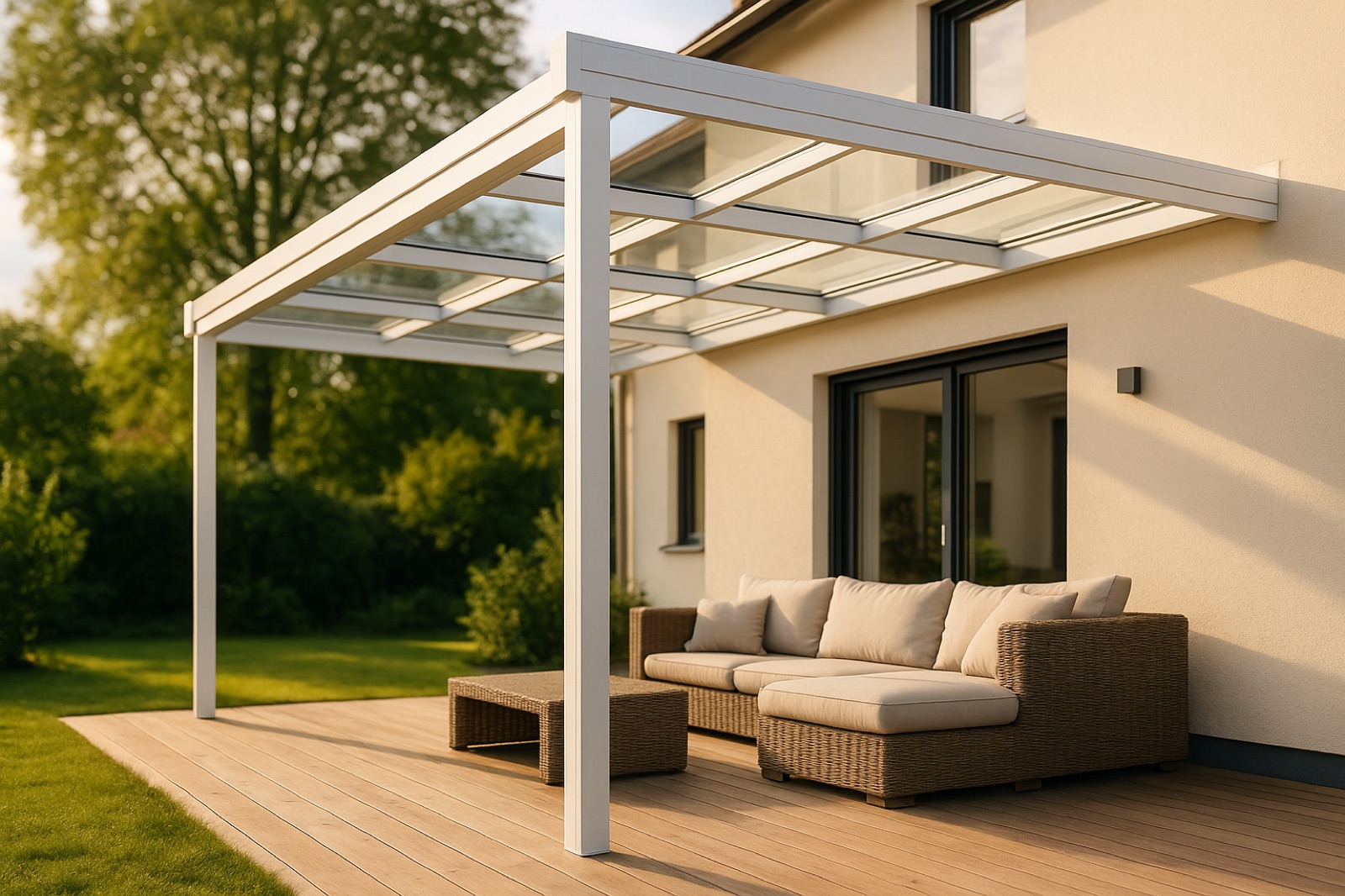 Moderne Terrassenüberdachung mit weißen Aluminium-Profilen und Glasdach an einem Einfamilienhaus