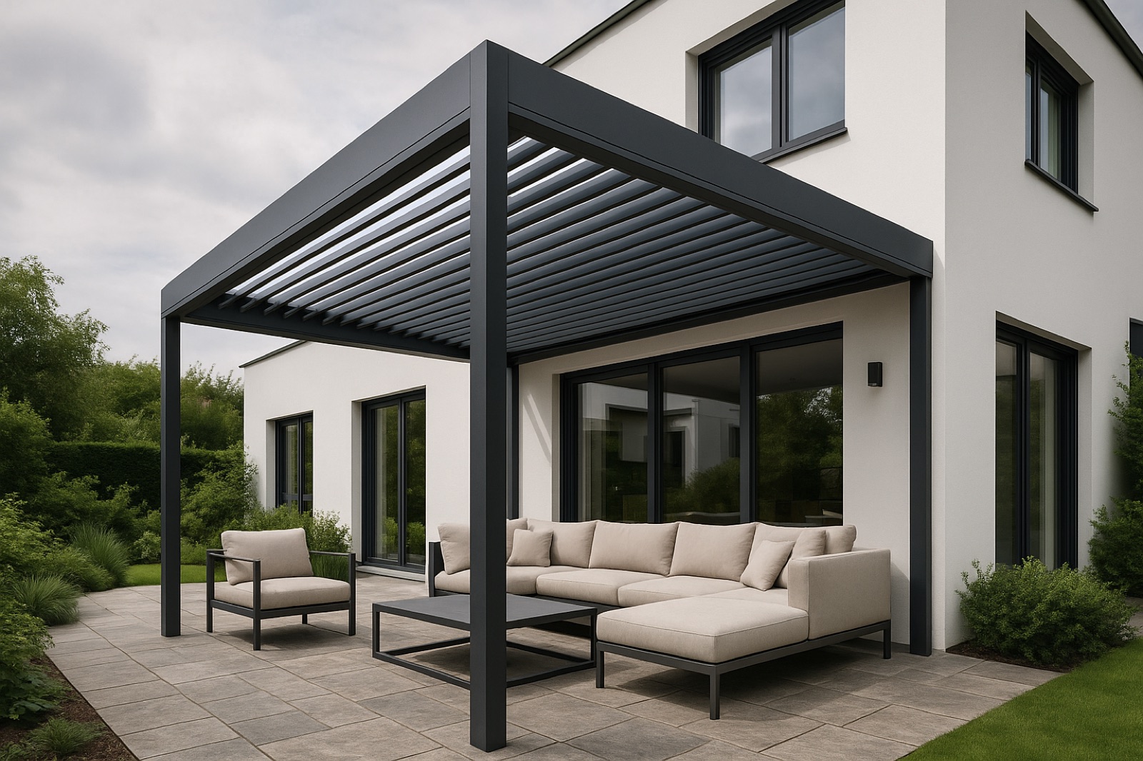 Modernes Lamellendach (BioClimatic) in Anthrazit mit verstellbaren Lamellen über einer Terrasse mit Lounge-Möbeln