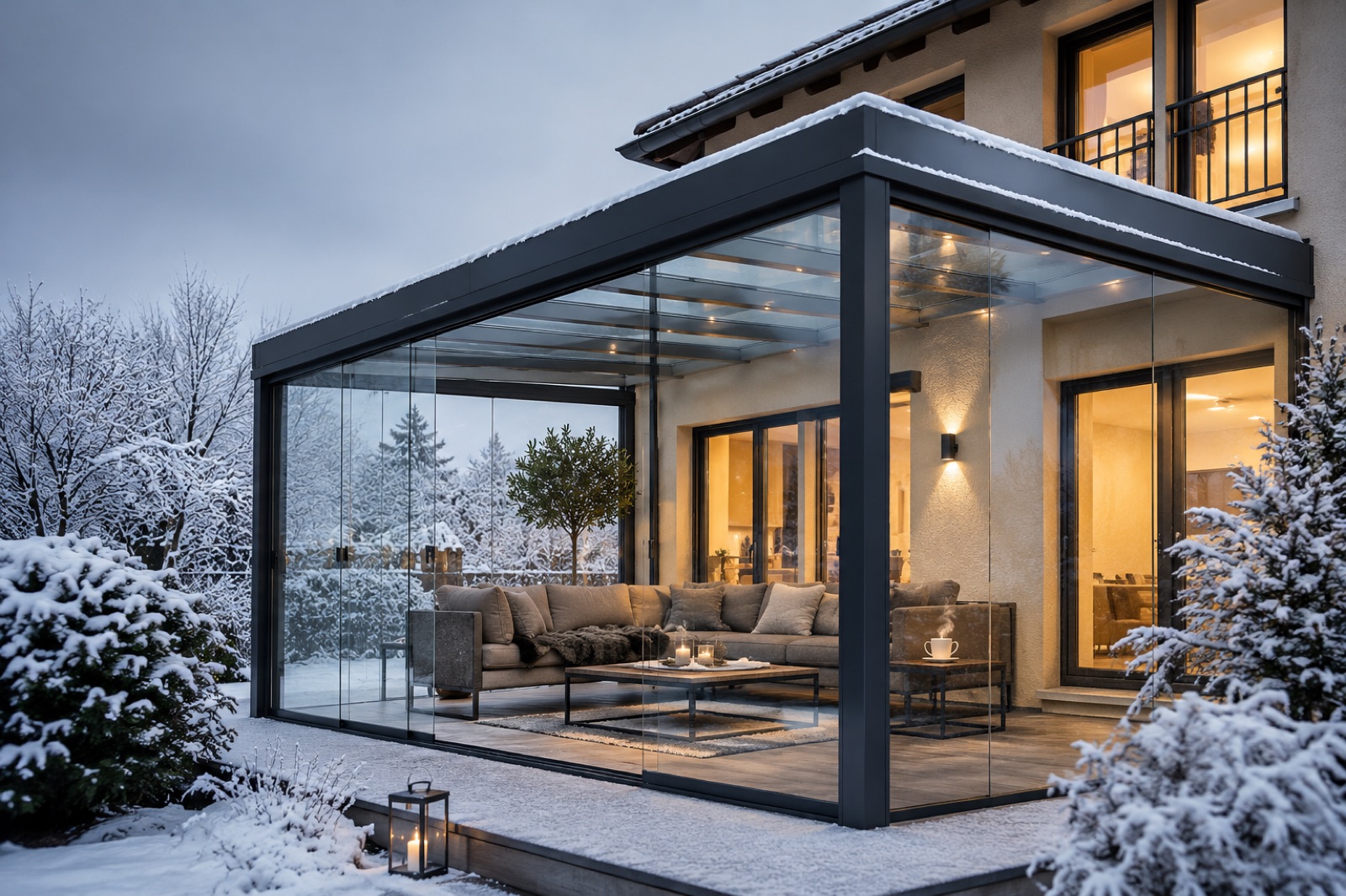 Verglaste Terrassenüberdachung in Anthrazit als Wintergarten, mit großen Glasflächen, gemütlichem Sofa, Kerzen und dampfender Tasse, draußen verschneite Landschaft